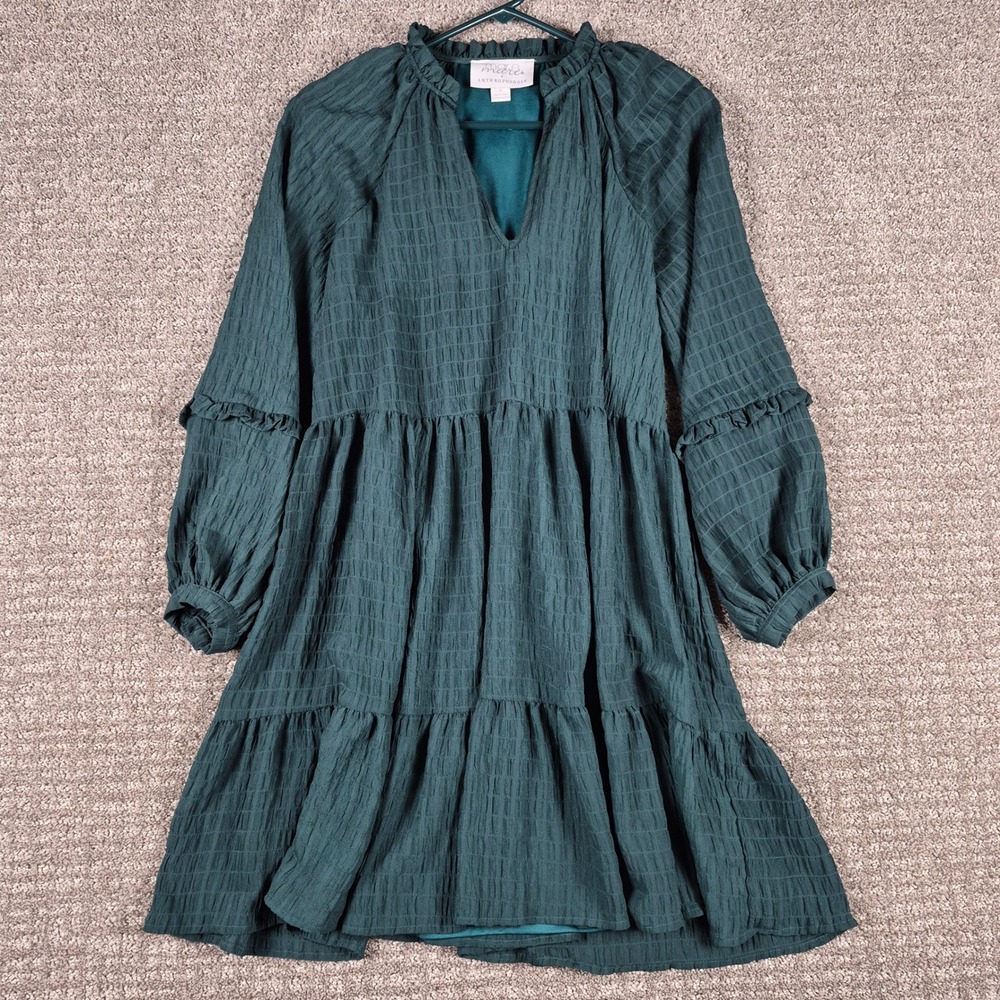Mare Mare x Anthropologie Anne Tiered Tunic Dress Womens S Green Seersucker Mini